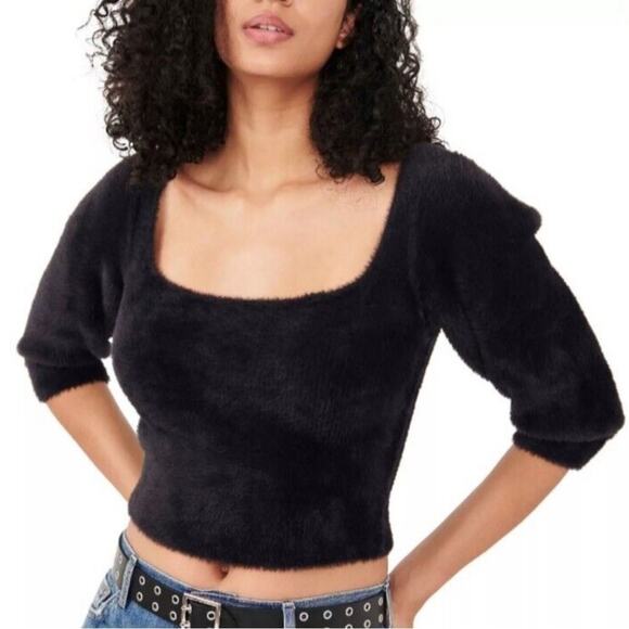 Free People Grunge Boho Moonbeam 3/4 Puff Sleeve Pullover Cropped Sweater Black - Picture 1 of 16